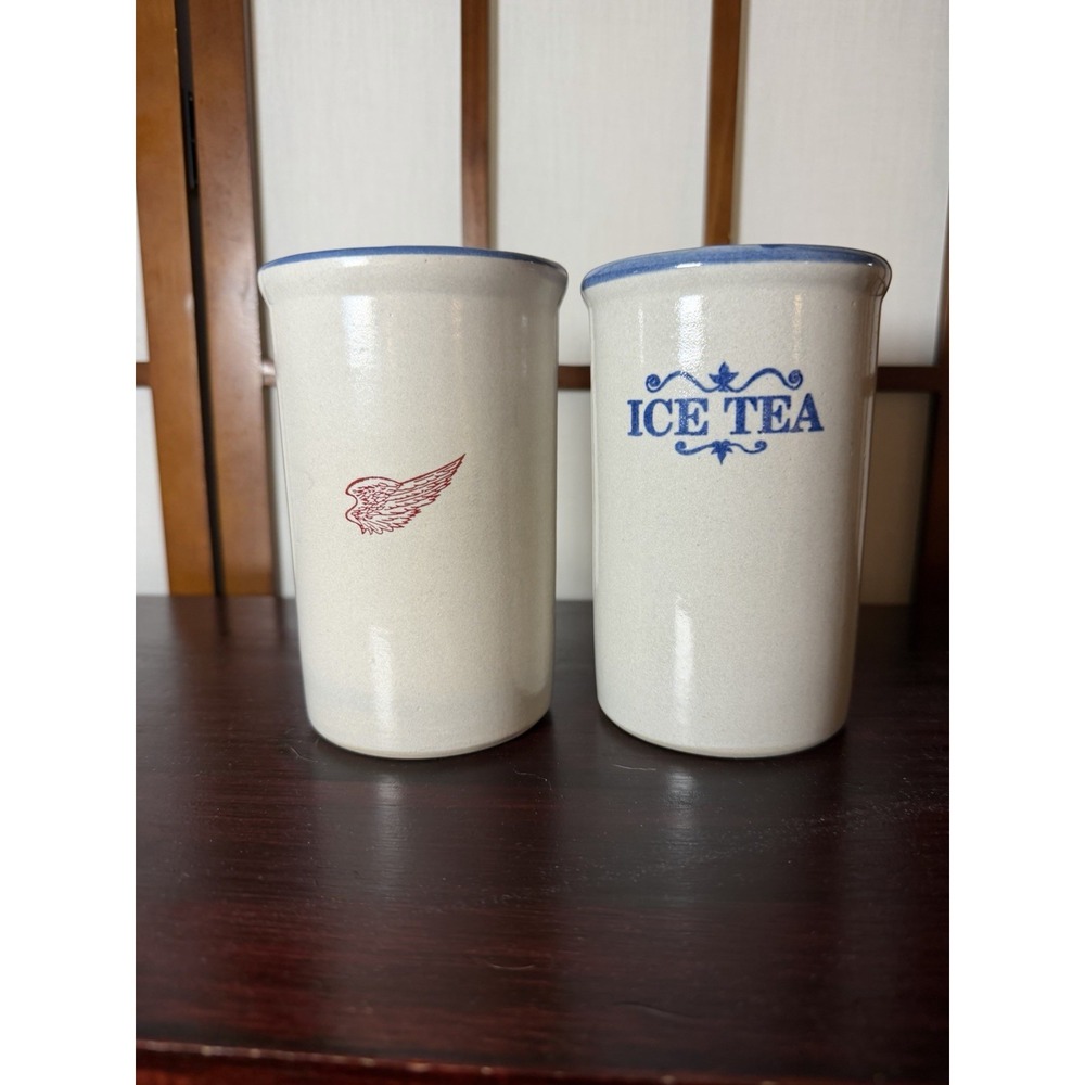 Red Wing Stoneware Co. 16oz Tumbler Set Of 2 Blue Rim Stamped ICE TEA Limited Ed
